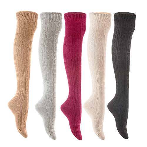 Lian LifeStyle Women's 5 Pairs Adorable Comfortable Soft Thigh High Over Knee High Cotton Socks Size 6-9 L1024(Beige,LG,Wine,Cream,Black)