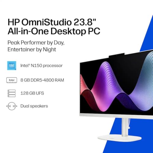 Image of HP OmniStudio 24 inch Full HD All-in-One Desktop Computer, 16GB DDR5 RAM, 128GB UFS Storage, Intel Quad-Core CPU, WiFi 6, Bluetooth 5.4, Keyboard & Mouse, Windows 11