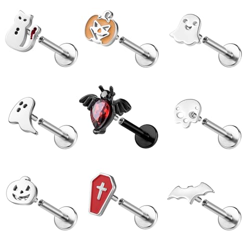ZS 9Pcs 16G Halloween Labret Lip Rings Internally Threaded Piercing Jewelry
