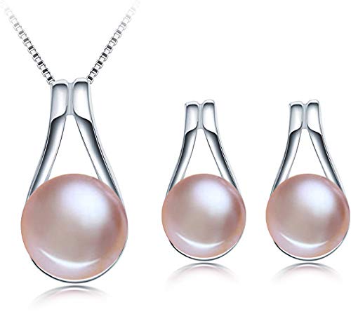 DIAMOVI Freshwater Cultured Genuine Pearls Jewelry Set With Necklace & Stud Earrings 925 Sterling Silver - Stunning Wedding Bridal Jewelry - Luxury Fashion Style-Purple
