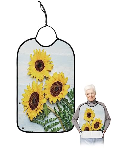 LEOKOTI Sunflower Adult Bibs for Eating, Waterproof Bibs with Food Catcher & Adjustable Snap Closure, Yellow Spring Floral Rustic Wooden Washable Clothing Protectors Adult Bibs for Elderly Women/Men