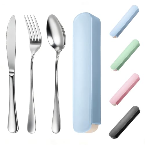 4 Stück Reisebesteck mit Etui, Tragbare Edelstahl Campingbesteck, Wiederverwendbare Camping Besteck mit Löffel Messer Gabel für Reisen Camping...