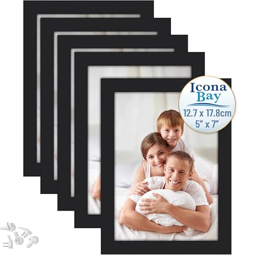 Image of Icona Bay - 7x5 Picture Frames - Black, 5 Pack - Modern Style Wood Composite Frames - Table Top or Wall Mount - Bliss Collection