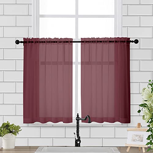 Image of Chyhomenyc Sheer Curtains 36 Inch Length, Short Voile Sheer Window Curtians for Small Window Bathroom Cafe Living Room Farmhouse, 2PCS, 42W x 36L inches, Rod Pocket, Burgundy
