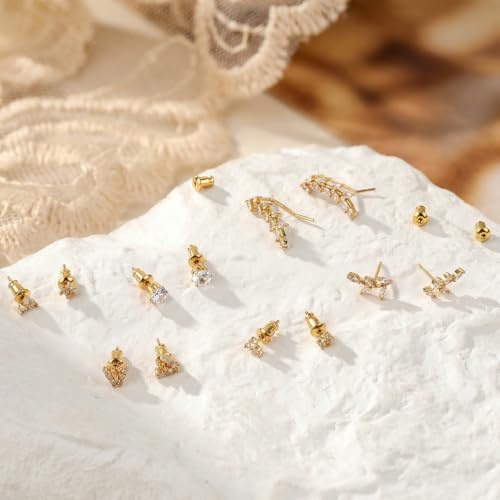 Image of SANNIDHI Earrings Set for Women Girls Gold Rhinestone Stud Earring Stainless Steel Cartilage Hypoallergenic Earrings Combo Set for Multiple Piercing
