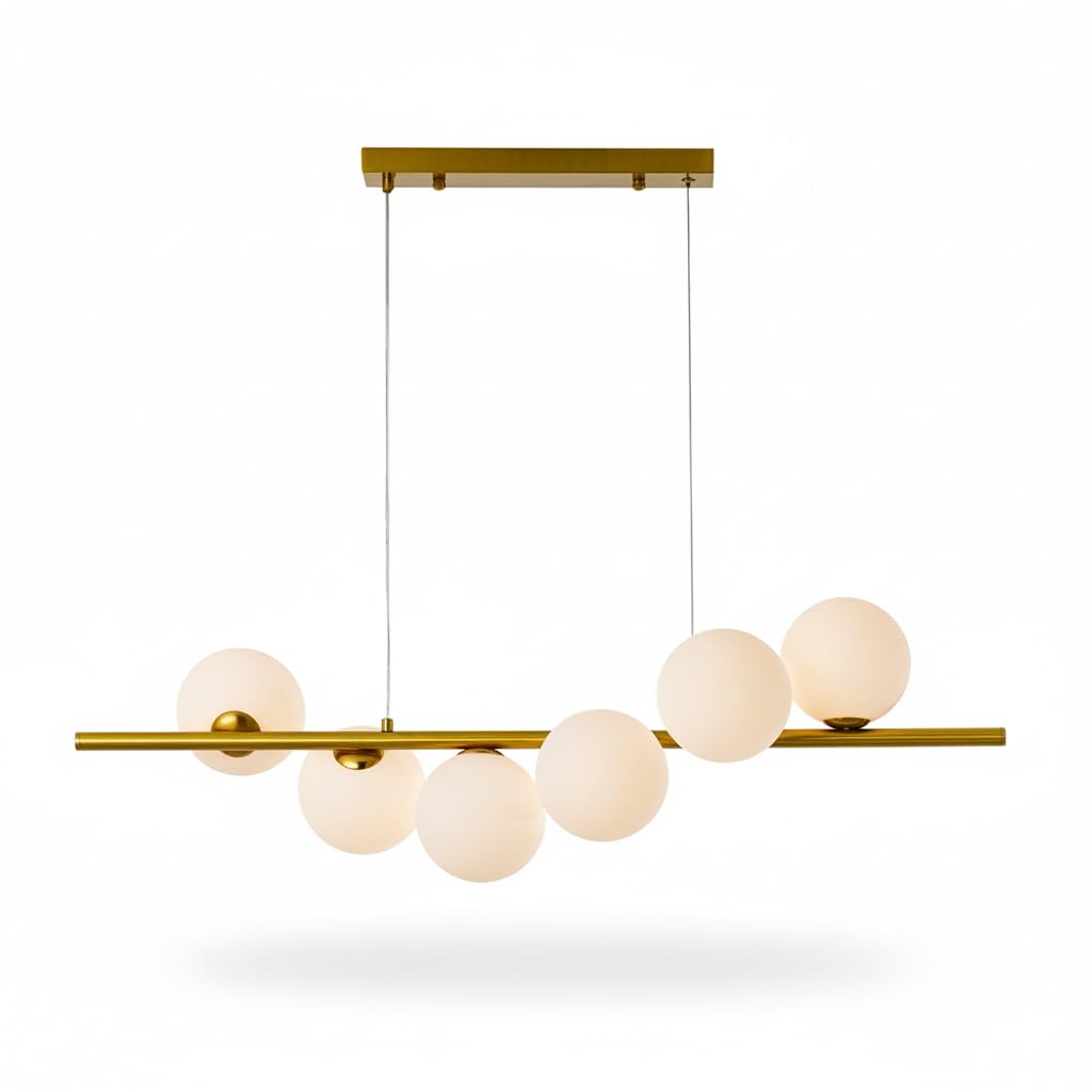 Lampadario Moderno a Sospensione 6 Sfere Vetro Ø13cm | Struttura in Metallo Oro/Grigio/Ambra | Attacco G9 Altezza Regolabile 300–1015 mm | Illuminazione Soggiorno Cucina Sala da Pranzo (Oro)