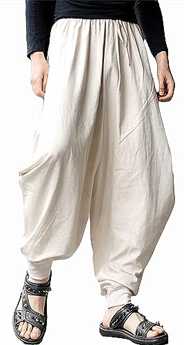 PACEIADTA Men Harem Pants Loose Elastic Waist Hippie Aladdin Drop Crotch Pant (3X-Large Beige-2)