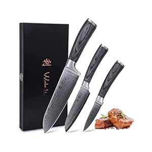 Wakoli EDIS Professional 3pcs Damascus Knife Set – Premium VG10 Steel Chef Knives with Pakka Wood Handles, Versatile Culinary Kitchen Knife Set for Kitchen Essentials, in Elegant Wooden Gift Box