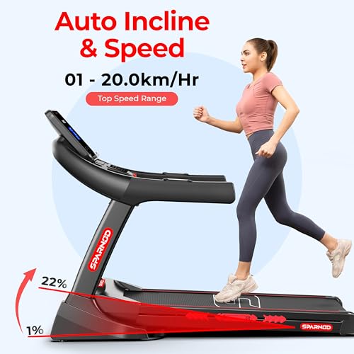 Image of Sparnod Fitness STH-5710 High-Performance Treadmill, Hydraulic Foldable Running Machine, Auto Incline 0-22%, 7HP Peak DC Motor, 1-20km /h Speed, 24 Preset Programs, Bluetooth Speakers, 150kg Capacity