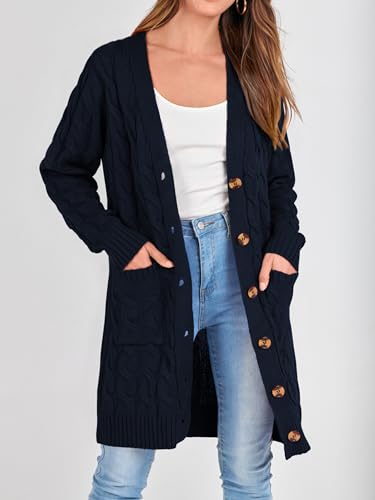 Image of PRETTYGARDEN Long Sleeve Cable Knit Long Cardigan for Women 2026 Spring Winter Chunky Open Front Button Sweaters with Pockets