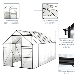 6×12 ft polycarbonate greenhouse with sliding door and adjustable roof heavy duty aluminum walk in greenhouses w raised base for outdoor garden backyardblack  urban country home decor