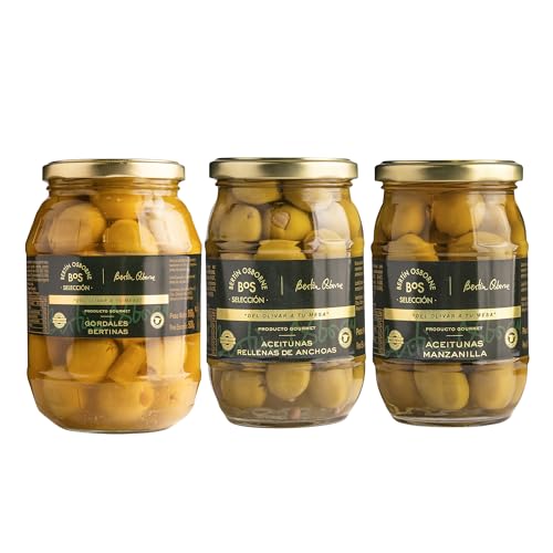 Pack Degustación de Aceitunas - Manzanilla, Gordal y Rellenas de Anchoa - 3 x 370g - BOS Selección by Bertín Osborne - Aperitivos Gourmet de España