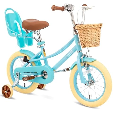 KORIMEFA Girls Bike for 2-4 Years Old Toddlers and Kids, 12" Kids Bike with Training Wheels, Kid's Bicycle with Kickstand, Retro Style Kids Bikes, Blue Cover