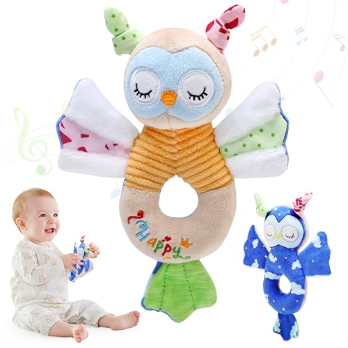 BelleStyle Sonajero Peluche para Bebés, Juguetes Bebes 0 3 6 12 Meses, Juguetes Montessori Bebe 0-6 Meses, Juguetes de Animales Suaves para Bebé Regalo Recién Nacido Niño Niña - Búho de Doble Cara