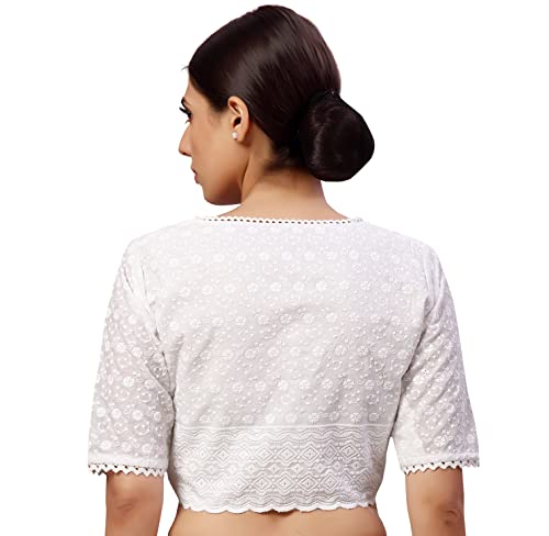Image of Studio Shringaar Women's Readymade Natural Cotton Elbow Length Sleeves Chikankari Saree Blouse