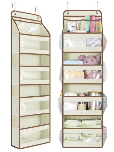 Image of Yecaye 5 Tier 1Pc Over the Door Organizer, Swing-proof Door Organizer Hanging with Clear PVC Windows, Behind the Door Storage for Bedroom Nursery Closet Laundry Pantry Bathroom, Beige