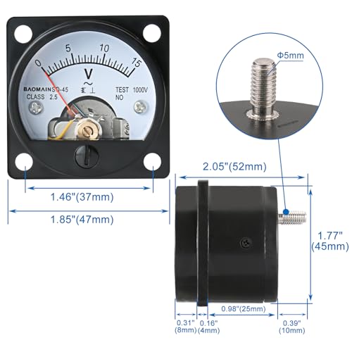 Image of Baomain Analog Dial Panel Meter Voltmeter Gauge SO-45 AC 0-15V Round Black