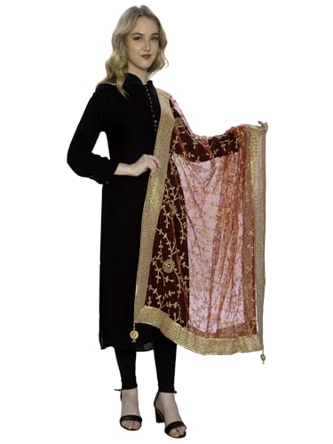 Image of ZEN APPAREL Women's Embroidered Net Dupatta with Lace Borders (Z-101) Premium Net Fabric Golden Aari Work