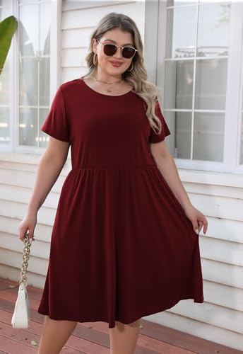 Image of Nemidor Women Plus Size Casual Dress Midi Flt Flare Pocket | Stretch knit,short sleeve,elastic waist,sizes 14-26 Plus,swing for curvy women,summer,vacation,church,brunch,party