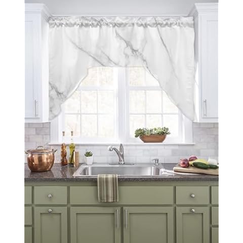Marble Swag Curtain Valance for Kitchen,White Gray Crack Rod Pocket Curtains Swag Valances,Modern Abstract Ink Agate Art Light Filtering White Window Valances for Bedroom Bathroom Living Room Cover