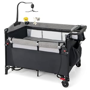 GYMAX 5 in 1 Folding Travel Cot, Portable Baby Bed Playard with Diaper Changer, Music Box, Mattress, Hanging Toys & Basket, Side Zipper Entrance, Infant Bassinet Nursery Center for Newborn (Black)