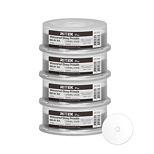 Image of 100 Pack Ritek Pro (Professional Grade) BD-R Blu-ray 4X 25GB Watershield Water Resistant Glossy White Inkjet Hub Printable Blank Recordable Disc