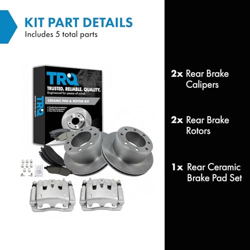 Image of TRQ Rear Brake Pad, Caliper, & Rotor Kit Ceramic Vented Compatible with 2005-2007 Ford F-250 Super Duty F-350 Super Duty