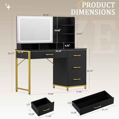 Image of LUCKRACER Vanity Desk with LED Lights Mirror, Black Makeup Vanity with Storage Drawers and Shelves, Modern Dressing Table for Women Girls Bedroom, Black