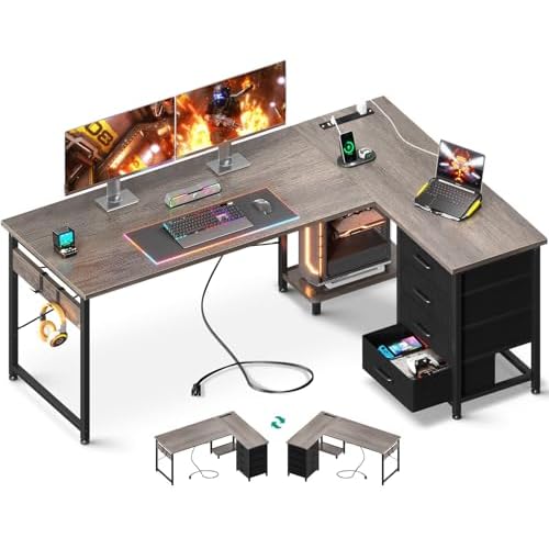 AODK L Shaped Desk with 4 Tier Drawers, 61″ Reversible Gaming Desk with Power Outlets, L Shaped Computer Desk with USB Charging Port and Host Stand, Home Office Corner Desk, Easy to Assemble, Grey Oak