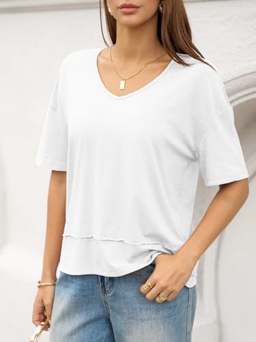 Image of UNCLECAT Womens V Neck T Shirts Summer Trendy Loose Fit Casual Tops Tees | Short sleeve, Spliced hem, Flowy graphic tees,Solid color cute basic t-shirts