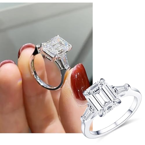 4ct Moissanite Engagement Rings for Women,3 Stone Square D Color VVS1 18K White Gold Plated 925 Sterling Silver, Cut Lab Created Diamond Wedding Promise Jewelry3