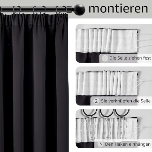 TOPICK Vorhänge Gardinen Verdunklungsvorhänge H220xB140 2er Set Schwarz – Ansicht 5