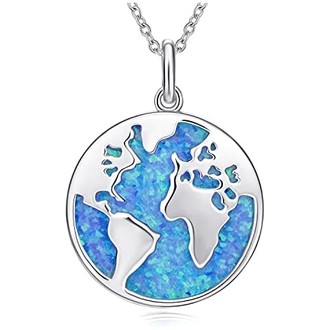 Globe Necklace for Women with Plate 925 Sterling Silver Necklaces for Women Opal Necklace Jewelry with World Pendant Gifts for Girlfriend Women Mum Cover