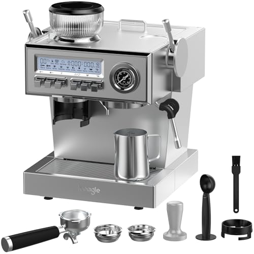 iceagle Cafetera Espresso con bomba italiana de 20 bar, Molinillo, Manual Portafiltro, Máquina de Café con Espumador de Leche y Kit Barista, 3 Temperaturas, 25 Niveles de Molienda, 1,6 Litros, Acero I