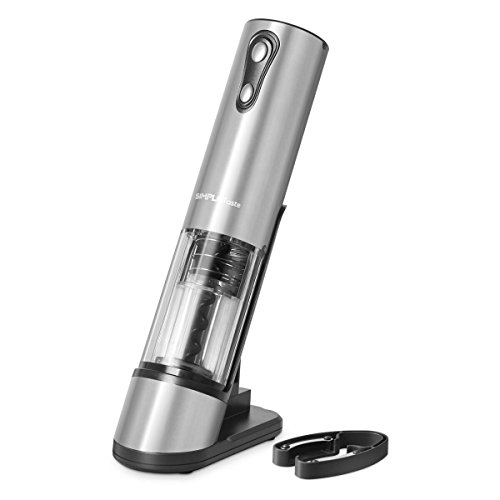 SimpleTaste Electric Automatic Wine Bottle Opener with Corkscrew, Blue LED Light and Wine Foil Cutter, Stainless Steel, Rechargeable Battery Operated