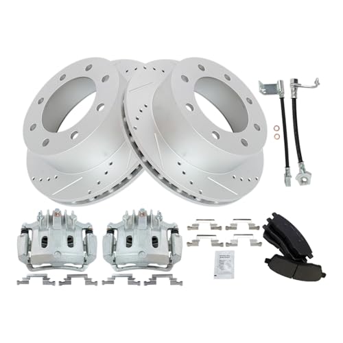 Image of TRQ Rear Brake Pad & Rotor Kit Slotted X Drilled Performance Ceramic Premium G-Coated Driver & Passenger Side Compatible with 2000-2005 Ford Excursion 2001 F-250 Super Duty 2000-2001 F-350 Super Duty