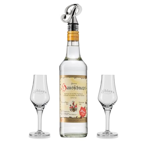 Prinz Marillenschnaps Geschenkset 0 7 l Hausschnaps Marille mit hochwertigem Prinz Ausgießer und zwei Exklusivkelchen Edles Geschenk für Spirituosen-Liebhaber