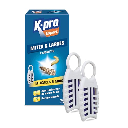 K.PRO - Cassettes Antimites & Larves - Antimites Vestimentaires - Action Immédiate - Efficace 6 Mois - Protège Contre de Nouvelles Infestations - Lot de 2 Cassettes