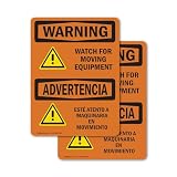 (2 Pack) Watch For Moving Equipment Bilingual OSHA Warning Sign 5 Inch X 3.5 Inch Vinyl Label Decal Sticker Weather Resistant, UV Protected for Workplace, Business, Construction Site, Made in the USA