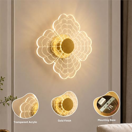 Image of Bloom Aura LED Wall Light, 3-in-1 Colour Adjustable Flower Wall Lamp, Acrylic Gold Finish Decorative Light for Bedroom, Living Room, Staircase, Office & Hotel, 24x24 cm (Bloom Aura)