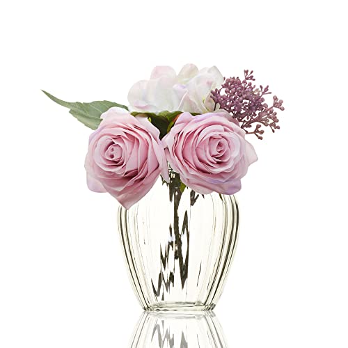 Ribbed Glass Small Posy Vase for Flowers 13cm, Mini Sweet Pea Flower Vase for Roses Tulip, Posy, Daffodil