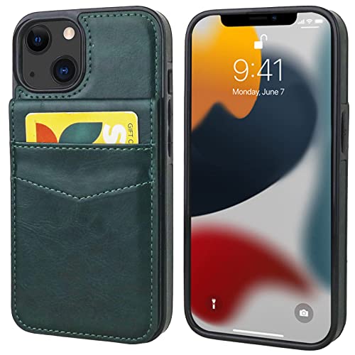 Image of KIHUWEY Compatible with iPhone 13 Case Wallet with Credit Card Holder, Premium Leather Magnetic Clasp Kickstand Heavy Duty Protective Cover for iPhone 13 6.1 Inch(Green)