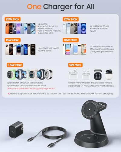 Image of Meifigno 25W Fast 3 in 1 Charging Station for Apple Multiple Devices | 25W Magnetic Charger for iPhone 17 /16, Compatible with MagSafe, with 45W Adapter, Watch Charger Stand for iWatch & Airpods