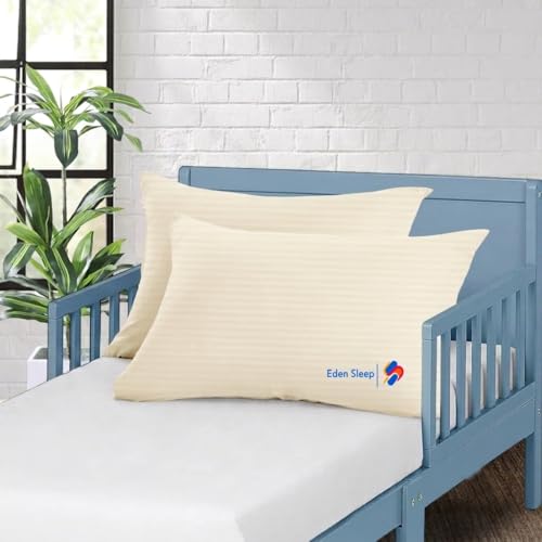 Image of Toddler Travel Small Pillow case, Pack of 2 Zipper Closure Pillow Cover 100% Cotton Baby Pillow Covers, 500 Thread Count Nersury Pillow Cases for Kids 14x20 inch, Ivory Stripe