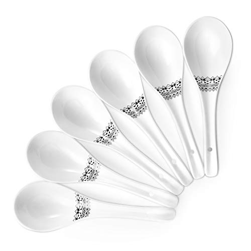 DOWAN Asian Soup Spoons Ceramic Chinese Soup Spoons with Long Hooked Handle Japanese Ramen Spoons for Soup Ramen Noodles Wonton Cereal Modern Bohemian Style Set of 6 White