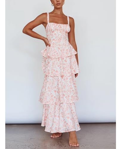 Image of Tiered Ruffle Dress Women Casual Summer Spaghetti Strap Sleeveless Floral Layered Maxi Dress for Women Beach Sundress