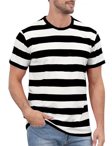 Funny World Men's Cotton Striped T-Shirt Crew Neck Short Sleeves Basic Casual Top