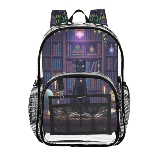 Bookshelf Black Cat Kitten Clear Backpack Heavy Duty See Through Transparent PVC BookBag for Kids Boy Girl School Work