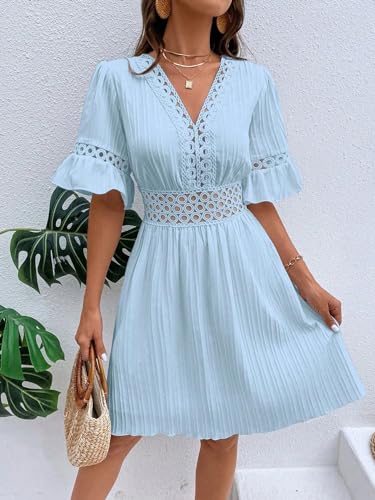 Image of Womens Summer Dresses V-Neck Lace Insert Flounce Casual Lightweight Sleeve Midi Dresses for Women 2025 Trendy
