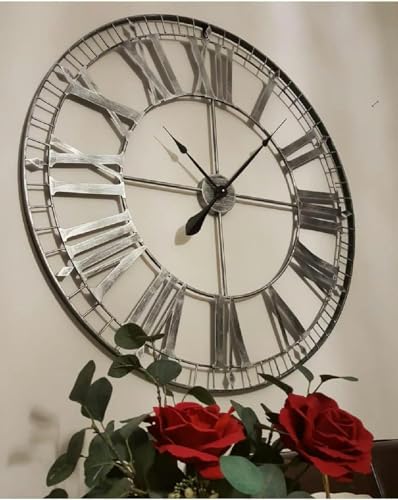 88cm Extra Large Skeleton Wall Clock - Rustic Silver - Metal Roman Numerals for...